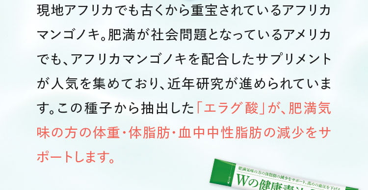 現地アフリカでも古くから重宝されているアフリカマンゴノキ。肥満が社会問題となっているアメリカでも、アフリカンマンゴノキを配合したサプリメントが人気を集めており、近年研究が進められています。この種子から抽出した「エラグ酸」が、肥満気味の方の体重・体脂肪・血中中性脂肪の減少をサポートします。